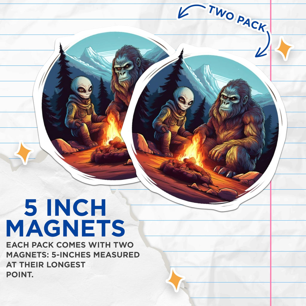 (2 Pack) Alien Bigfoot Campfire Magnets - Funny Cryptid Sasquatch Decor - UFO Extraterrestrial Scene - 5 Inches On Longest Side - Thick Durable Magnet - Made in USA - MAG22032