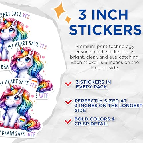 (3 Pack) Funny Unicorn Decals - Rainbow Unicorn Laptop Decal - My Heart Says Yes WTF Stickers - 3 Inches On Longest Side - Easy Peel & Apply - Made in USA - 3MCS2121