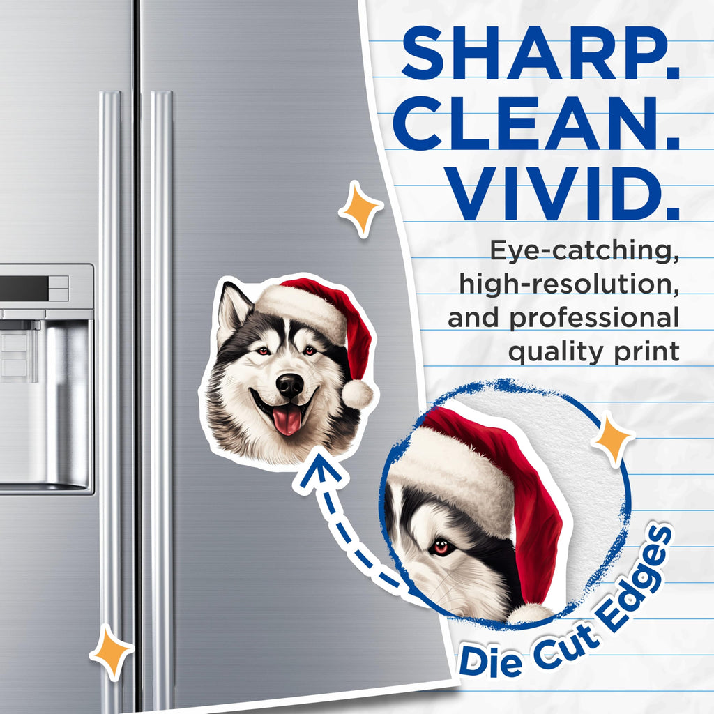 (2 Pack) Christmas Husky Magnets - Santa Dog Decor - Holiday Animal Art - Pet Lover Refrigerator - Malamute Xmas Dog - 5 Inches On Longest Side - Thick Durable Magnet - Made in USA - MAG25434