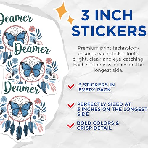 (3 Pack) Dreamer Butterfly Decals - Boho Style Decal - Dream Catcher Decal- 3 Inches On Longest Side - Easy Peel & Apply - Made in USA - 3MCS5194
