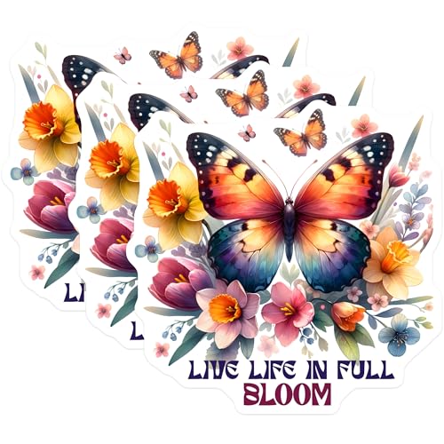 (3 Pack) Butterfly Decals - Floral Laptop Decals - Live Life in Bloom Decal - 3 Inches On Longest Side - Easy Peel & Apply - Made in USA - 3MCS0068
