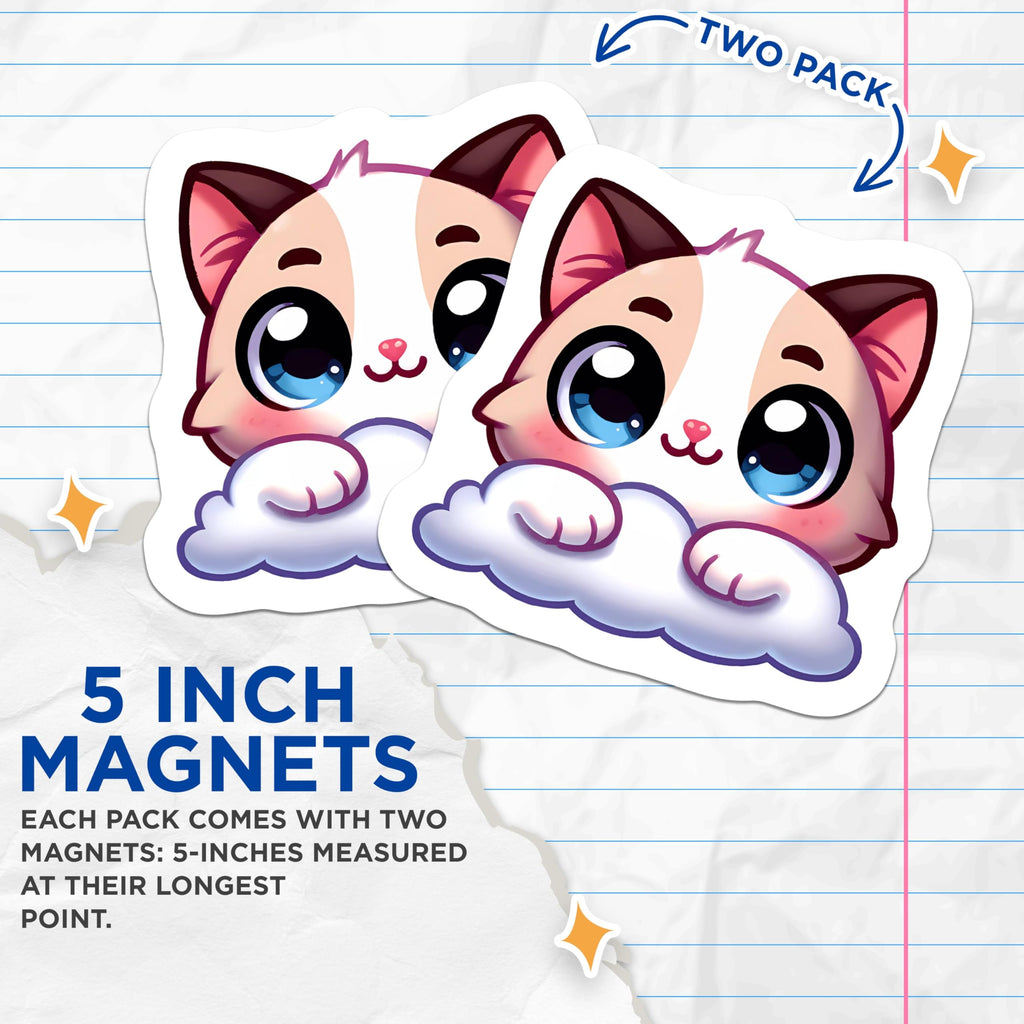 (2 Pack) Kawaii Kitten Magnets - Adorable Chibi Cat Decor for Fridge - Cute Anime Animal Locker Magnets - Sweet Pet Art - 5 Inches On Longest Side - Thick Durable Magnet - Made in USA - MAG22236