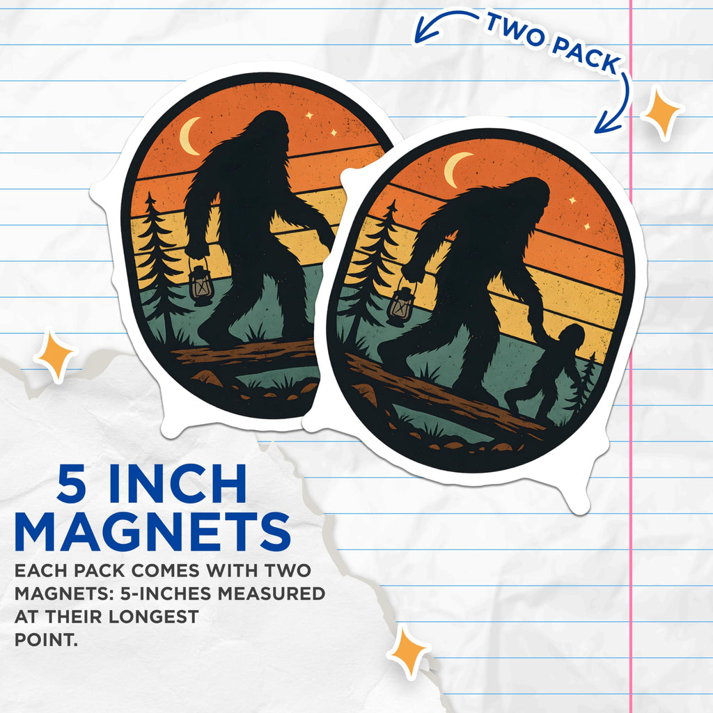 (2 Pack) Bigfoot Magnets - Sasquatch Father Child Forest Trekking Adventure Art - Retro Cryptozoology Kitchen Decor - 5 Inches On Longest Side - Thick Durable Magnet - Made in USA - MAG21495