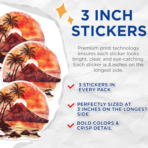 (3 Pack) Volcano Sunset Decals - Tropical Island Stickers - Laptop Decals - 3 Inches On Longest Side - Easy Peel & Apply - Made in USA - 3MCS0609