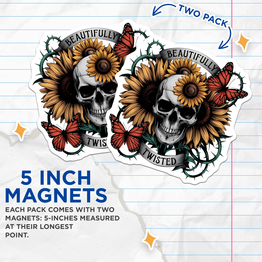 (2 Pack) Skull Sunflowers Magnets - Beautifully Twisted Art - Gothic Floral Decor - Monarch Butterfly Vines - 5 Inches On Longest Side - Thick Durable Magnet - Made in USA - MAG22183