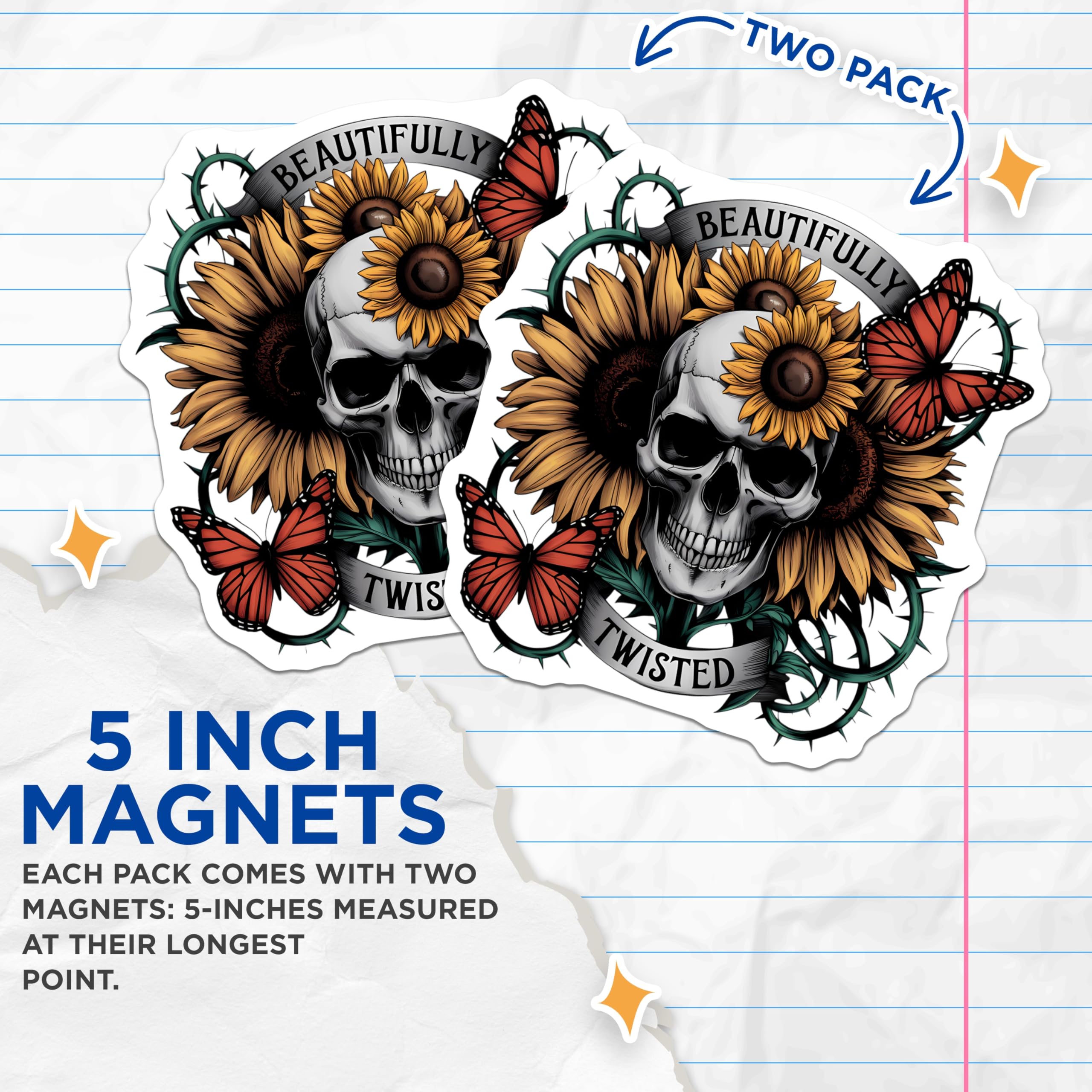(2 Pack) Skull Sunflowers Magnets - Beautifully Twisted Art - Gothic Floral Decor - Monarch Butterfly Vines - 5 Inches On Longest Side - Thick Durable Magnet - Made in USA - MAG22183
