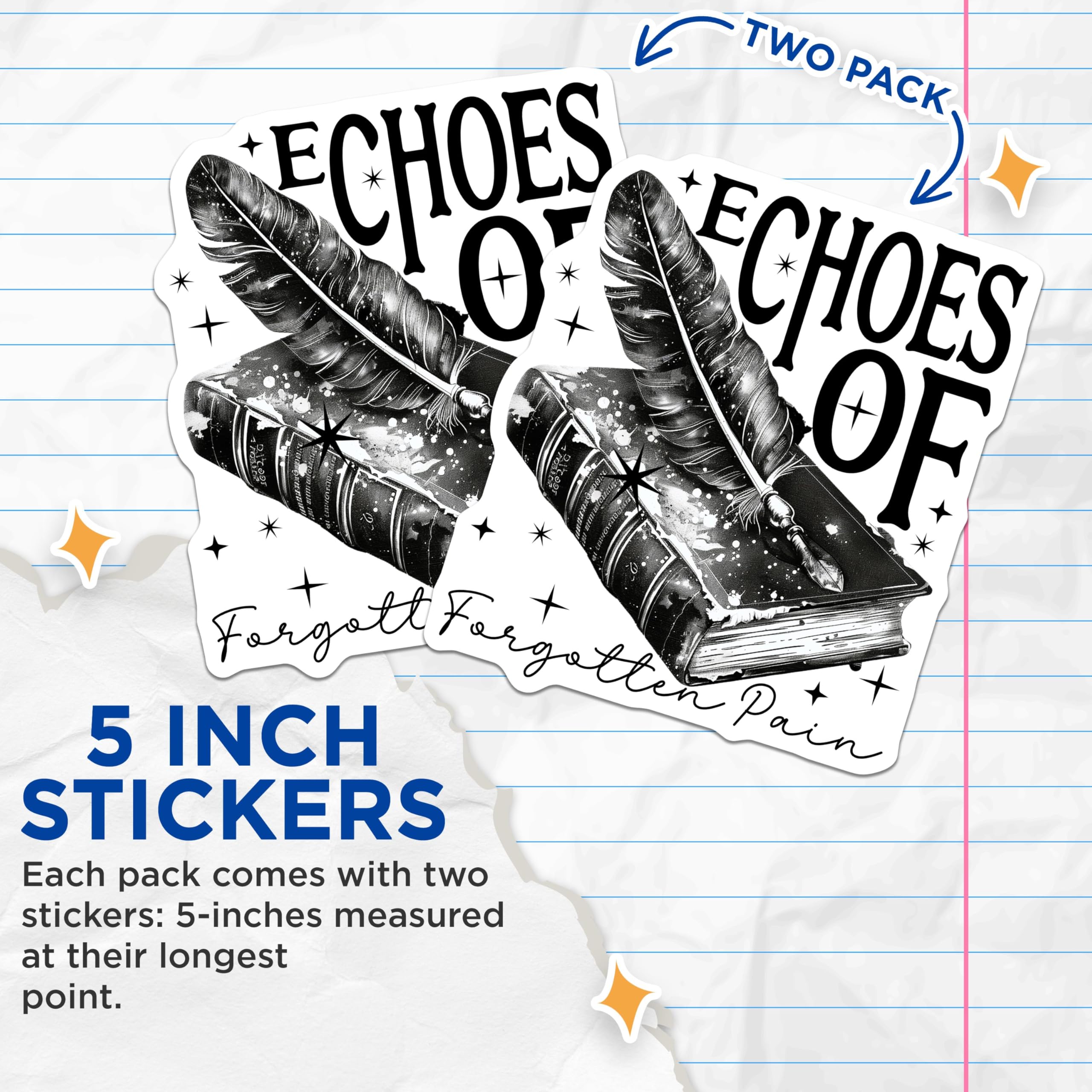 (2 Pack) Echoes of Forgotten Pain Stickers - Feather Sticker - Book Sticker - Grief Sticker - Memory Sticker - 5" On Longest Side - Sticks to Any Smooth Flat Surface - Made in USA - BMCS3447