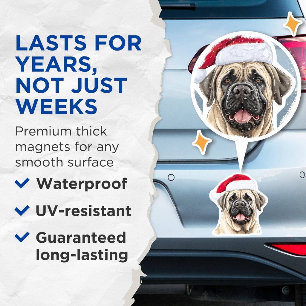 (2 Pack) English Mastiff Magnets - Santa Hat Dog Decor - Holiday Christmas Fridge Accents - Festive Pet Kennel Magnet - 5 Inches On Longest Side - Thick Durable Magnet - Made in USA - MAG29108