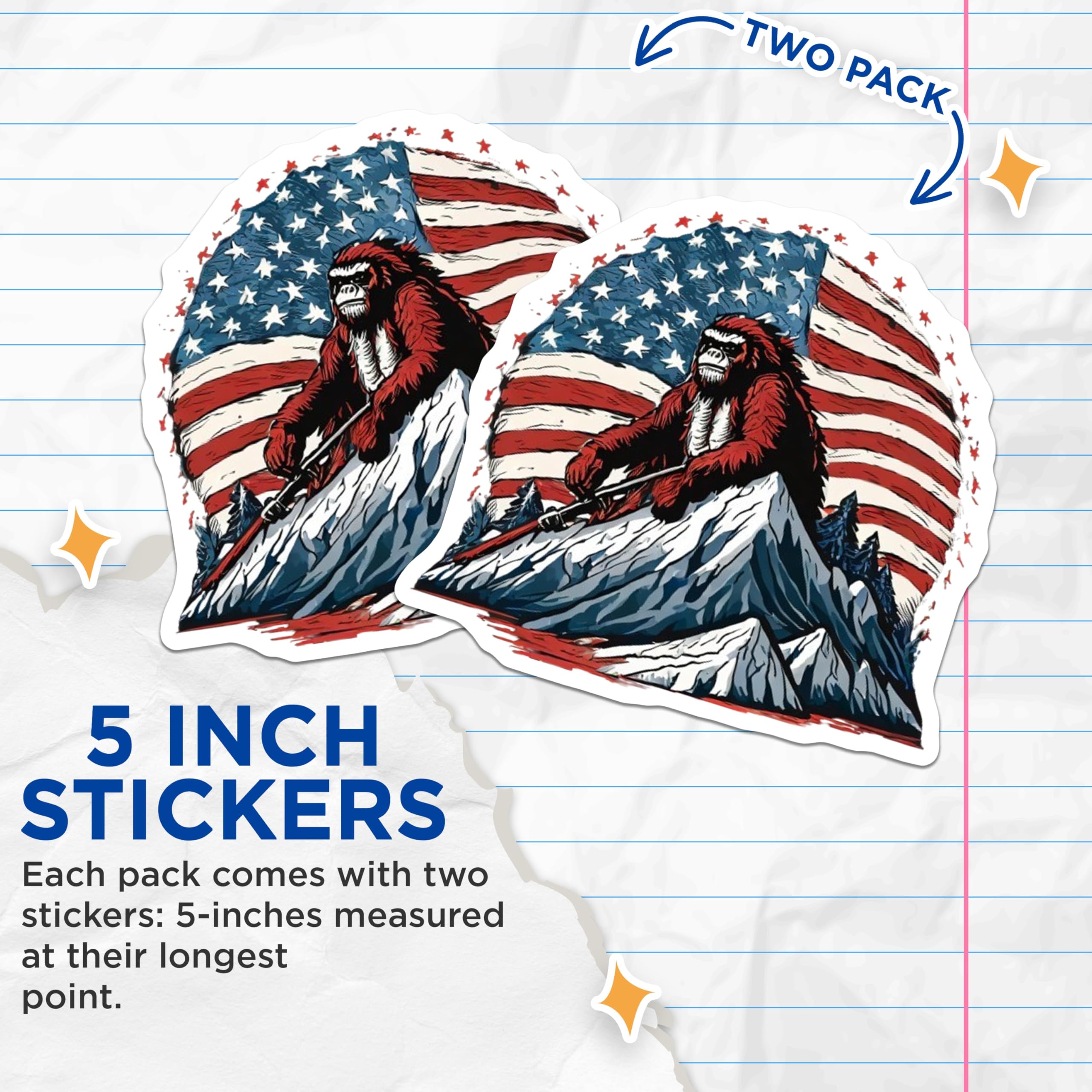 (2 Pack) American Bigfoot Stickers - Patriotic Sasquatch Hunting - Mountain Wilderness USA Flag - Cryptid Folklore - 5" On Longest Side - Sticks to Smooth Flat Surfaces - Made in USA - BMCS21907