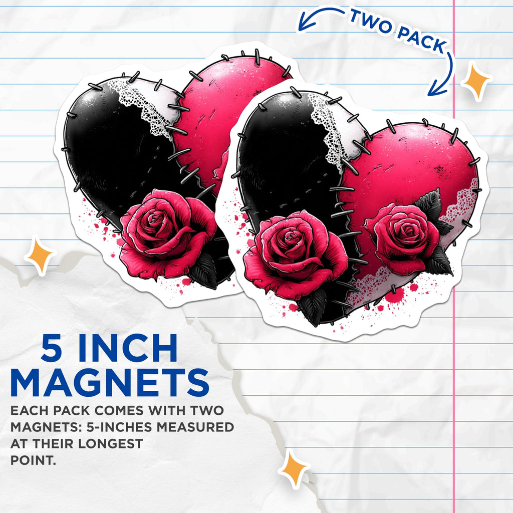 (2 Pack) Stitched Heart Magnets - Gothic Rose Design - Dark Romance Art - Alternative Decor - 5 Inches On Longest Side - Thick Durable Magnet - Made in USA - MAG23121
