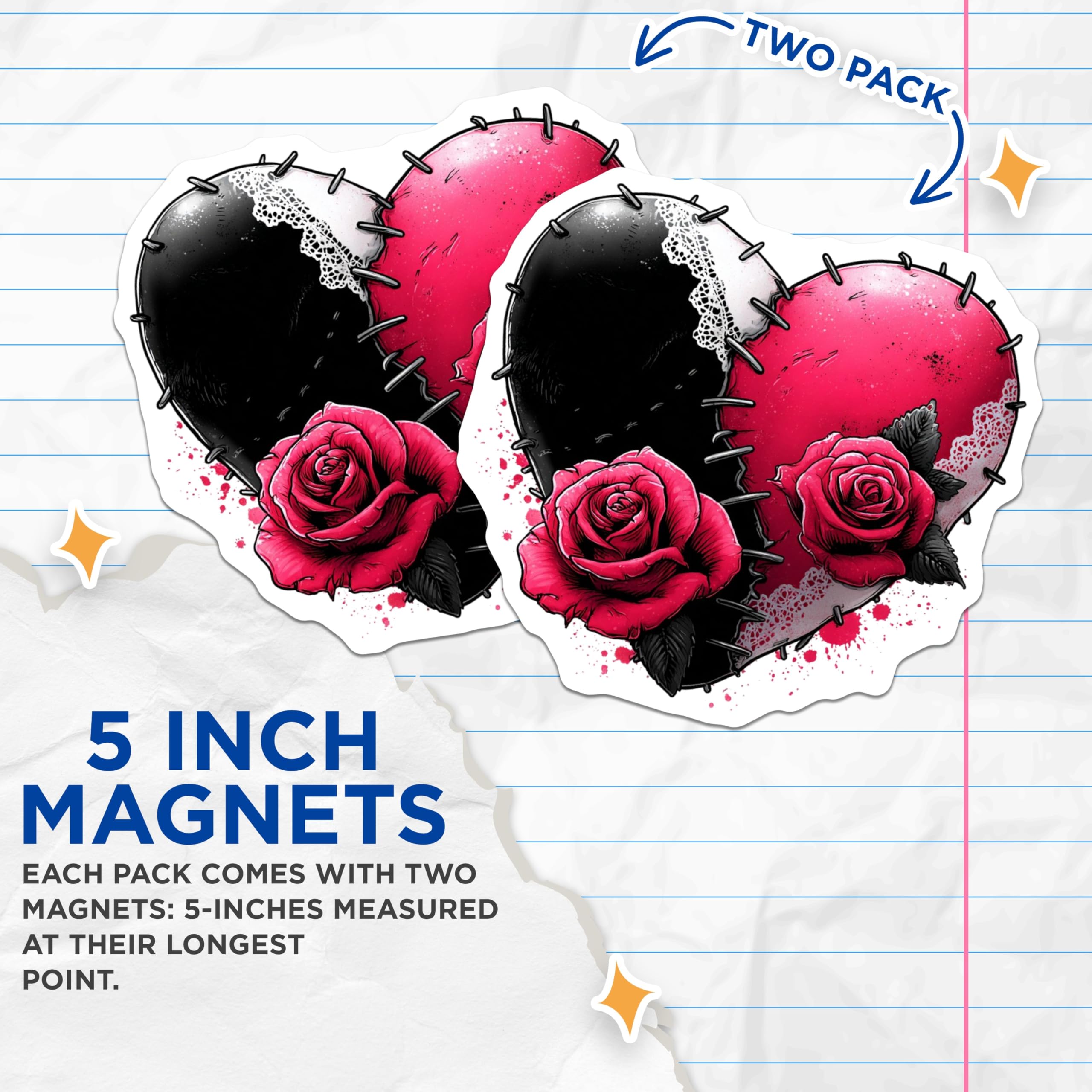 (2 Pack) Stitched Heart Magnets - Gothic Rose Design - Dark Romance Art - Alternative Decor - 5 Inches On Longest Side - Thick Durable Magnet - Made in USA - MAG23121