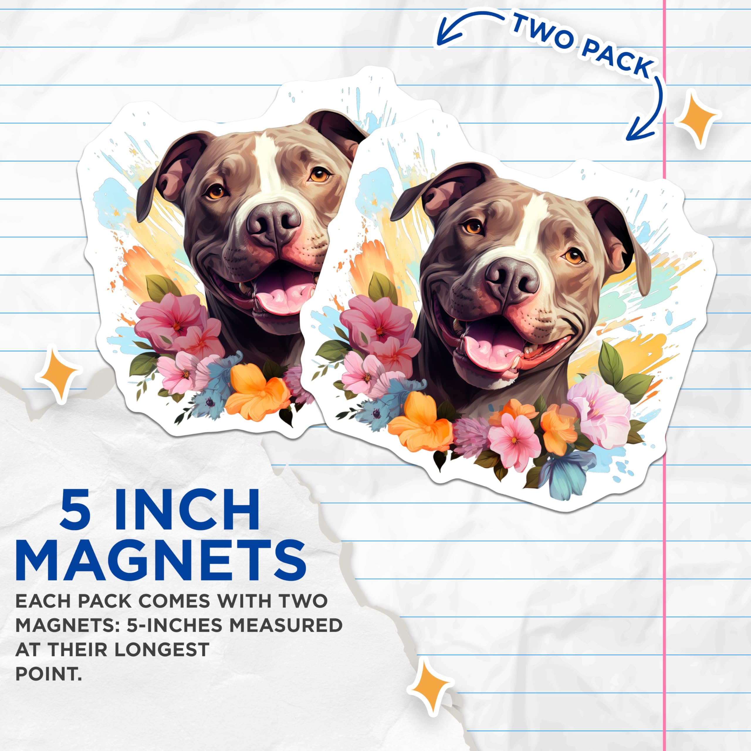 (2 Pack) Pitbull Dog Magnets - Happy Floral Pet Artwork - Dog Mom Refrigerator Decor - 5 Inches On Longest Side - Thick Durable Magnet - Made in USA - MAG25162
