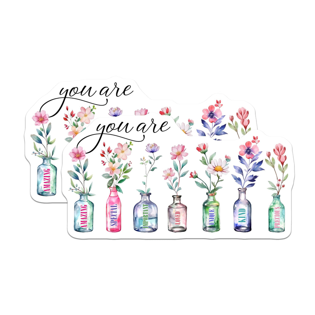 (2 Pack) Inspirational Flower Vase Stickers - Motivational Quotes - Positive Affirmations - 5" On Longest Side - Sticks to Smooth Flat Surfaces - Made in USA - BMCS8586