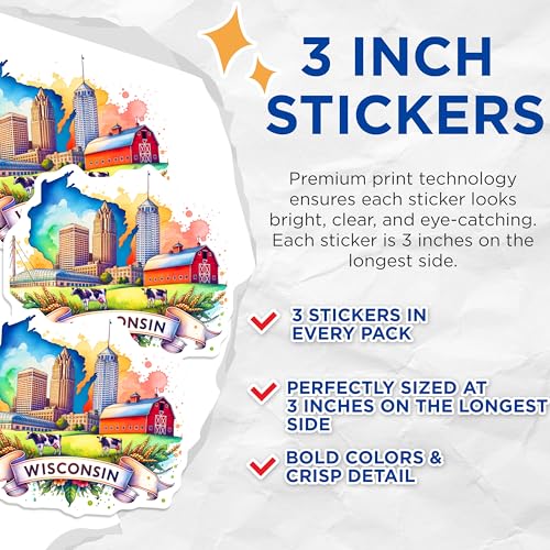 (3 Pack) Wisconsin Decals - Watercolor Art - State Pride - Laptop Decal- 3 Inches On Longest Side - Easy Peel & Apply - Made in USA - 3MCS5249