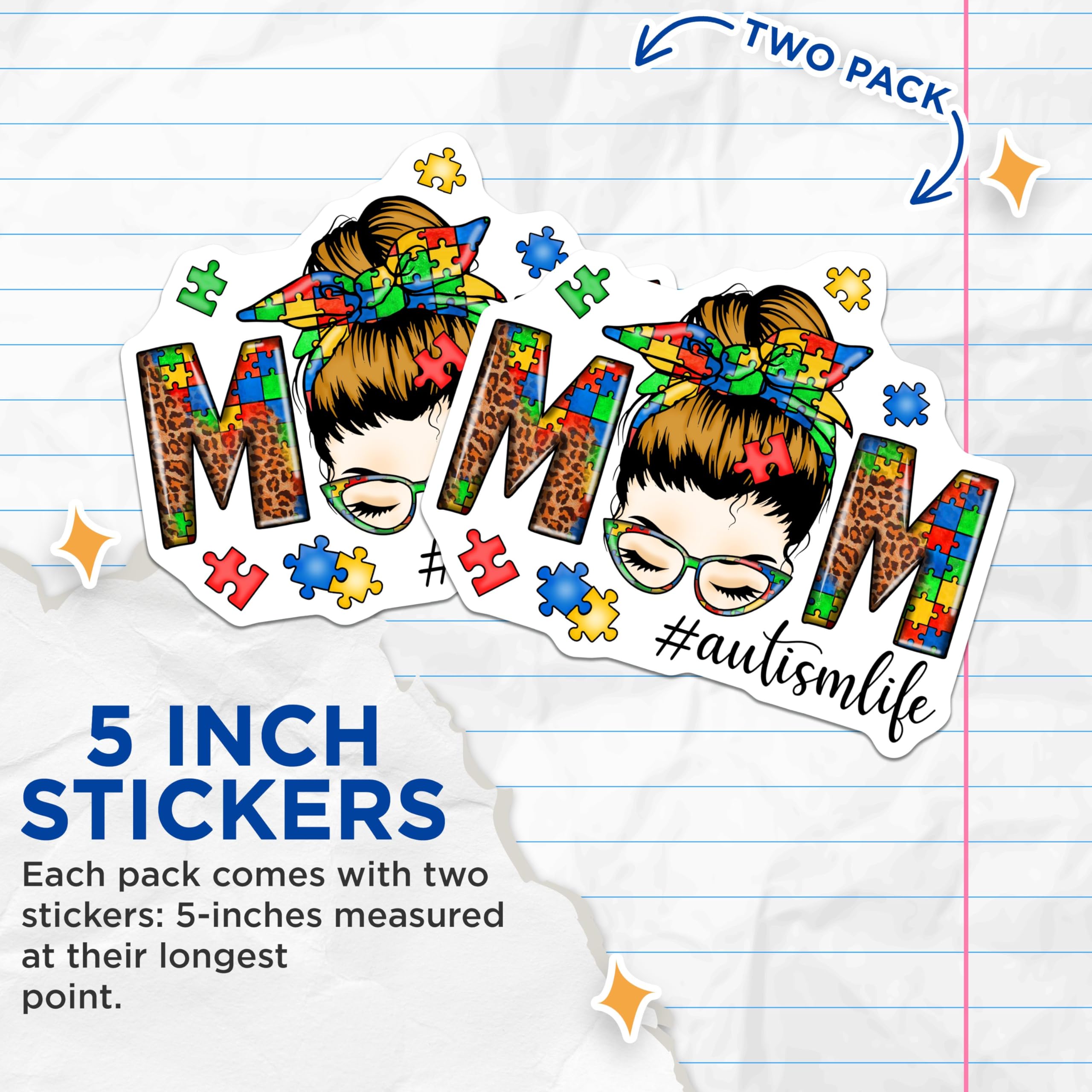 (2 Pack) Autism Life Mom Stickers - Puzzle Piece Autism Awareness - Autism Symbol Decal - 5" On Longest Side - Sticks to Smooth Flat Surfaces - Made in USA - BMCS9002