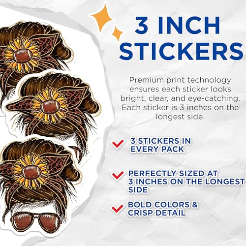 (3 Pack) Football Mom Decals - Messy Bun Leopard - Game Day Laptop Decal - 3 Inches On Longest Side - Easy Peel & Apply - Made in USA - 3MCS4960