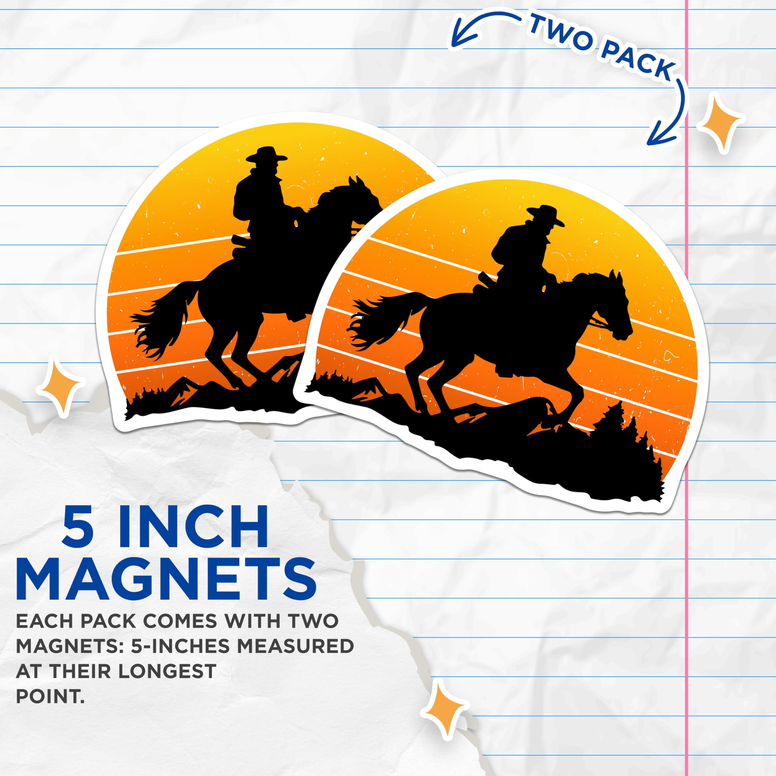 (2 Pack) Cowboy Horse Riding Magnets - Western Sunset Silhouette - Rustic Ranch Decor - Equestrian Style Art - 5 Inches On Longest Side - Thick Durable Magnet - Made in USA - MAG21421