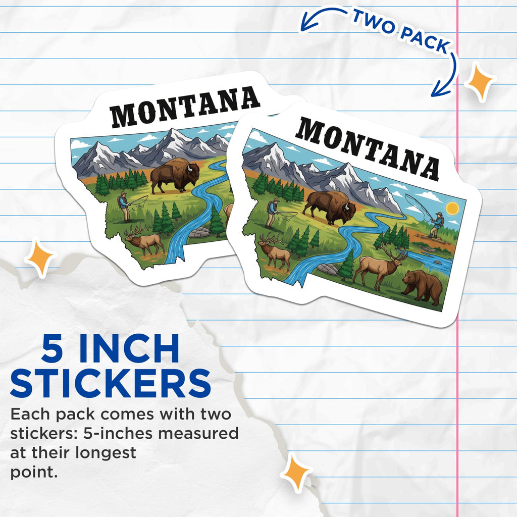 (2 Pack) Montana Stickers - State Pride - Wildlife Scene Decals - 5" On Longest Side - Sticks to Smooth Flat Surfaces - Made in USA - BMCS14463