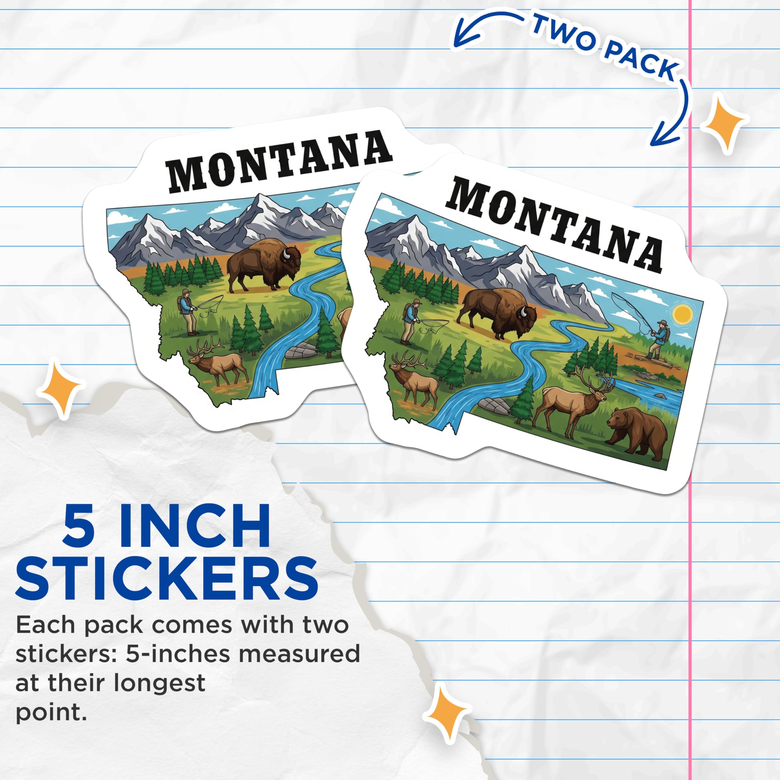 (2 Pack) Montana Stickers - State Pride - Wildlife Scene Decals - 5" On Longest Side - Sticks to Smooth Flat Surfaces - Made in USA - BMCS14463