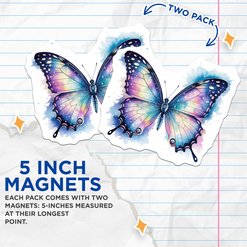 (2 Pack) Galaxy Butterfly Magnets - Watercolor Celestial Decor - Whimsical Aesthetic Fridge Locker - 5 Inches On Longest Side - Thick Durable Magnet - Made in USA - MAG36519