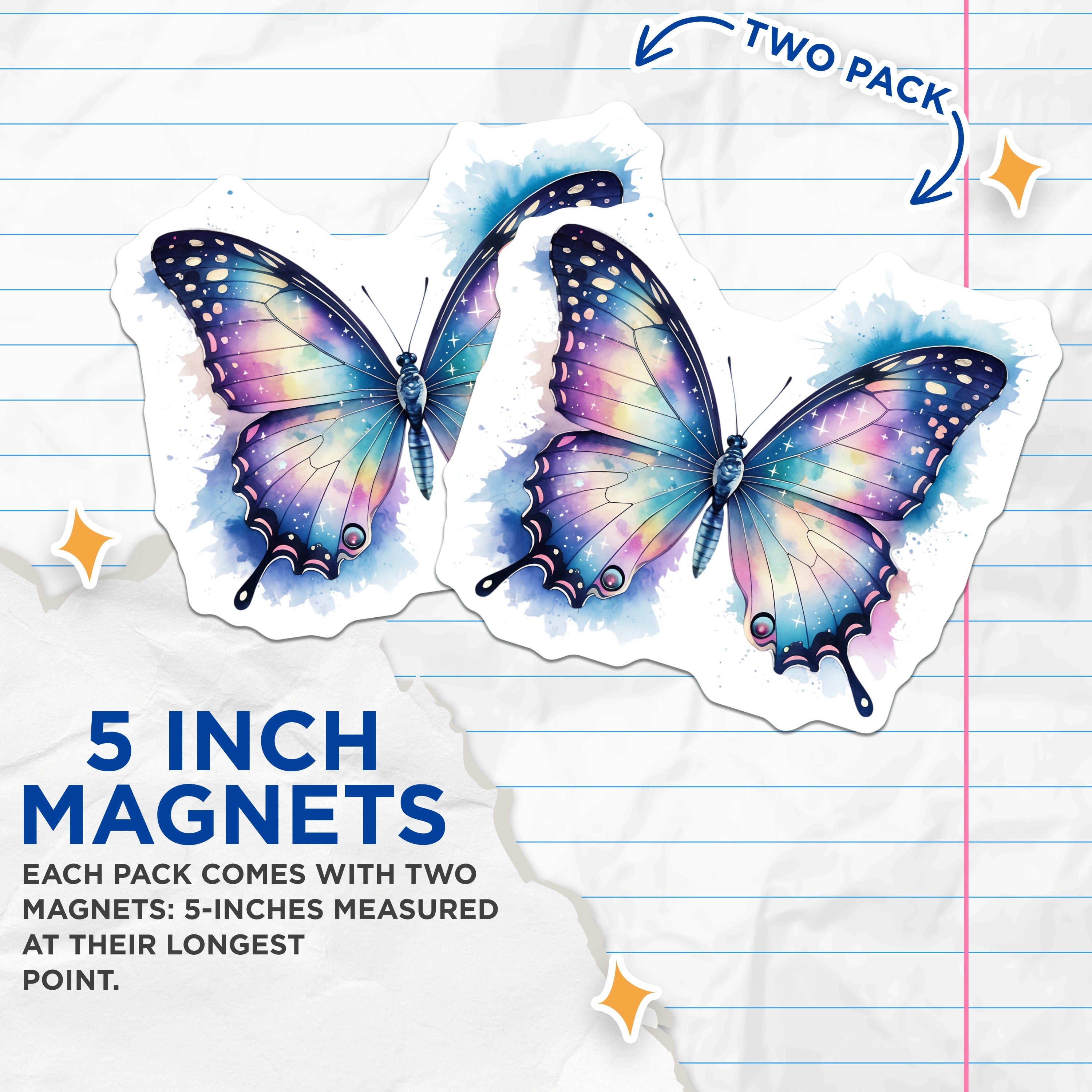 (2 Pack) Galaxy Butterfly Magnets - Watercolor Celestial Decor - Whimsical Aesthetic Fridge Locker - 5 Inches On Longest Side - Thick Durable Magnet - Made in USA - MAG36519
