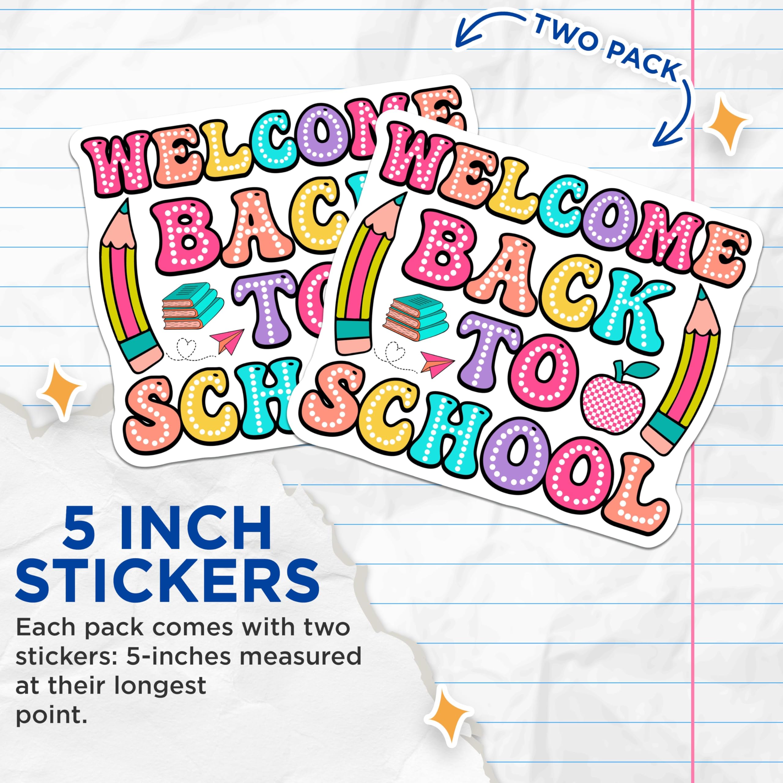 (2 Pack) Welcome Back to School Stickers - Cute School Supplies - Classroom Decoration - 5" On Longest Side - Sticks to Smooth Flat Surfaces - Made in USA - BMCS9127