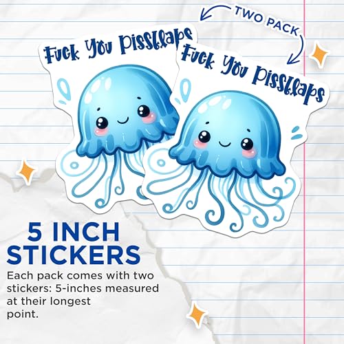 (2 Pack) Jellyfish Quote Stickers - Funny Cartoon Stickers - Cute Ocean Themed Stickers - 5" On Longest Side - Sticks to Smooth Flat Surfaces - Made in USA - BMCS9672