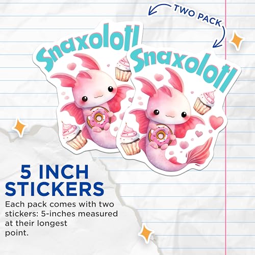(2 Pack) Cute Axolotl Stickers - Kawaii Axolotl Art - Adorable Axolotl with Doughnut and Cupcakes - 5" On Longest Side - Sticks to Smooth Flat Surfaces - Made in USA - BMCS7786