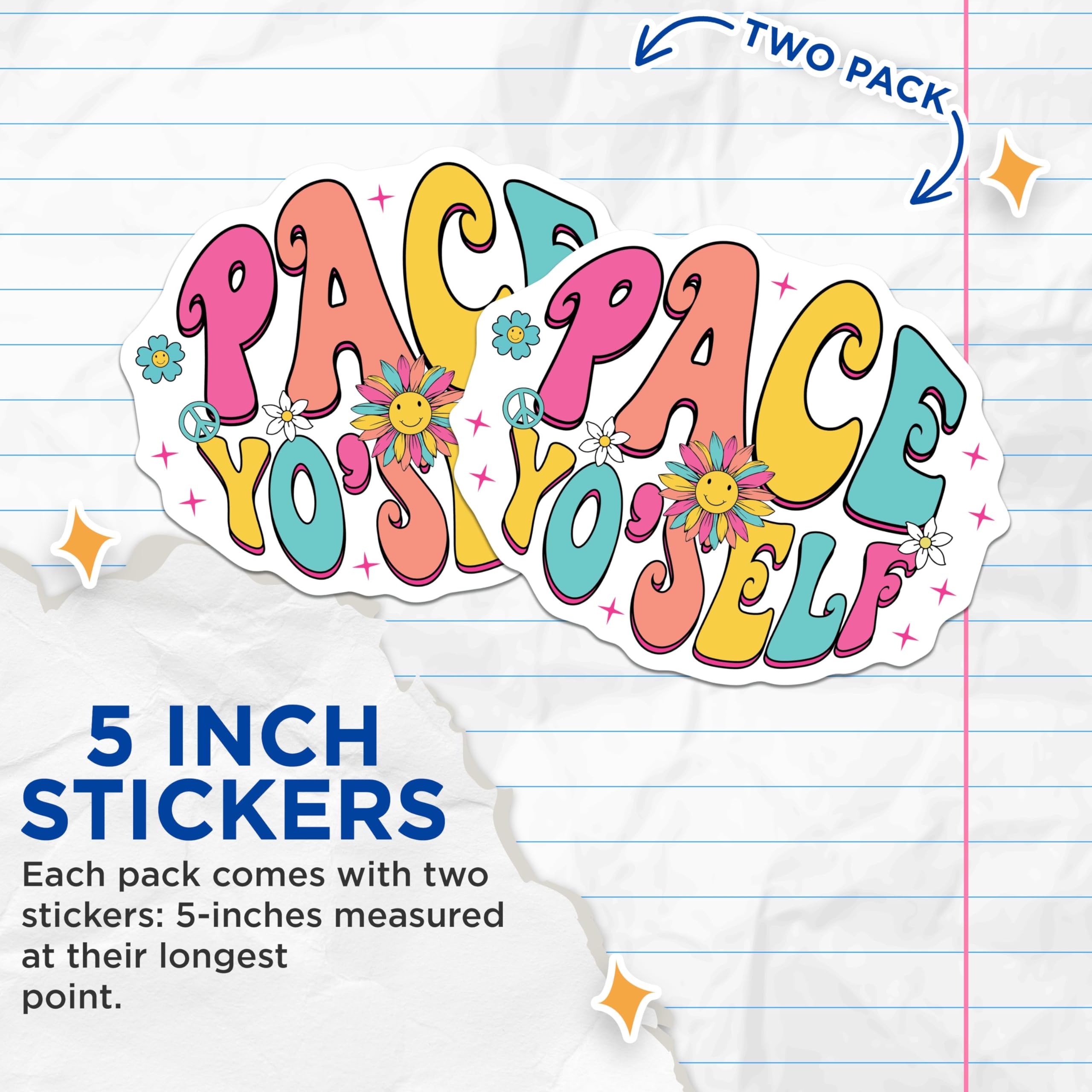(2 Pack) Pace Yo Self Stickers - Retro Motivational Sticker - 5" On Longest Side - Sticks to Smooth Flat Surfaces - Made in USA - BMCS9139 - BMCS9139