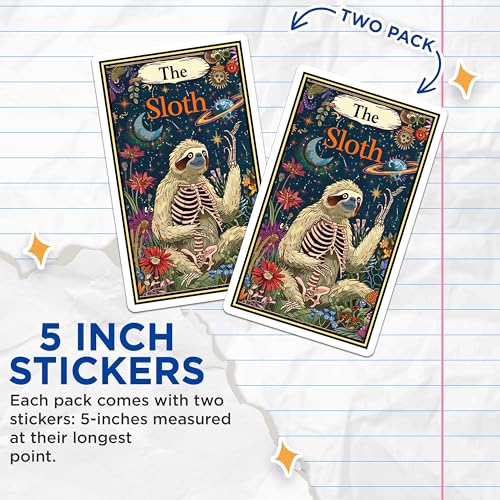 (2 Pack) Funny Sloth Stickers - Skeleton Sloth Decal - Whimsical Animal Art Stickers - 5" On Longest Side - Sticks to Smooth Flat Surfaces - Made in USA - BMCS3686