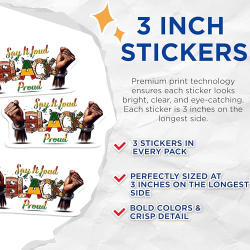 (3 Pack) Black Proud Decals - Laptop Decal - Say It Loud Decals - 3 Inches On Longest Side - Easy Peel & Apply - Made in USA - 3MCS6608