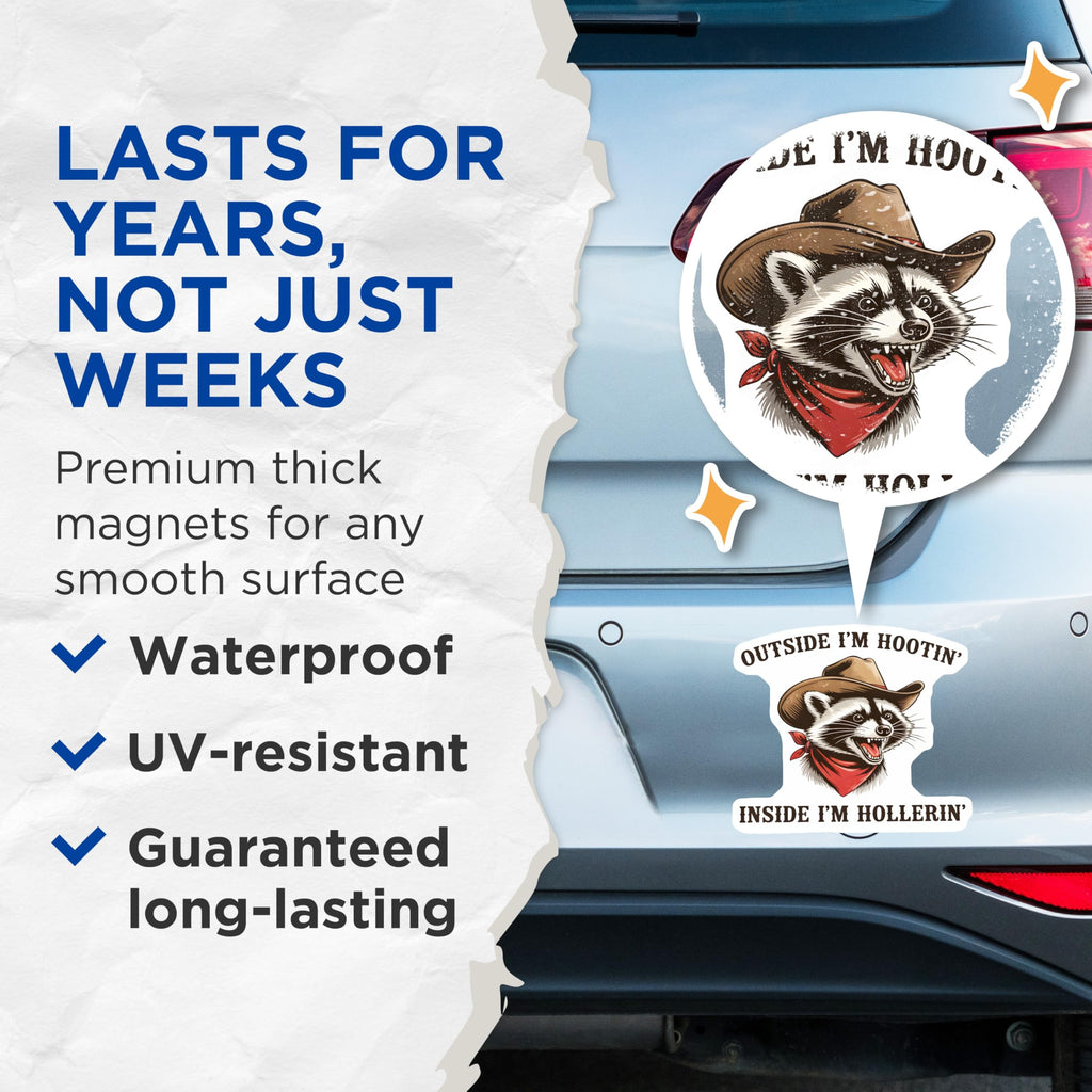 (2 Pack) Raccoon Cowboy Magnets - Funny Animal - Hootin Hollerin Fridge Decal - 5" On Longest Side - Premium Magnet - for Cars, Refrigerators, Toolboxes, Lockers - Made in USA - MAG14094