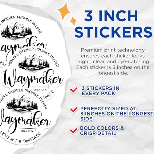 (3 Pack) Waymaker Decals - Miracle Worker Promise Keeper - Laptop Decals- 3 Inches On Longest Side - Easy Peel & Apply - Made in USA - 3MCS5084