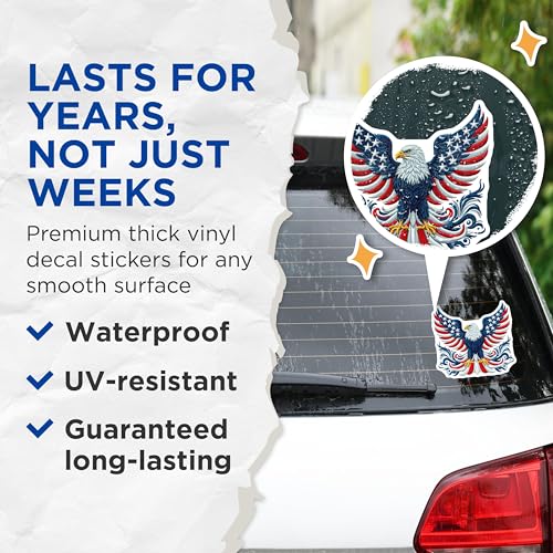 (2 Pack) American Eagle Stickers - Patriotic Bald Eagle - US Flag Inspired Decal - 5" On Longest Side - Sticks to Smooth Flat Surfaces - Made in USA - BMCS7110