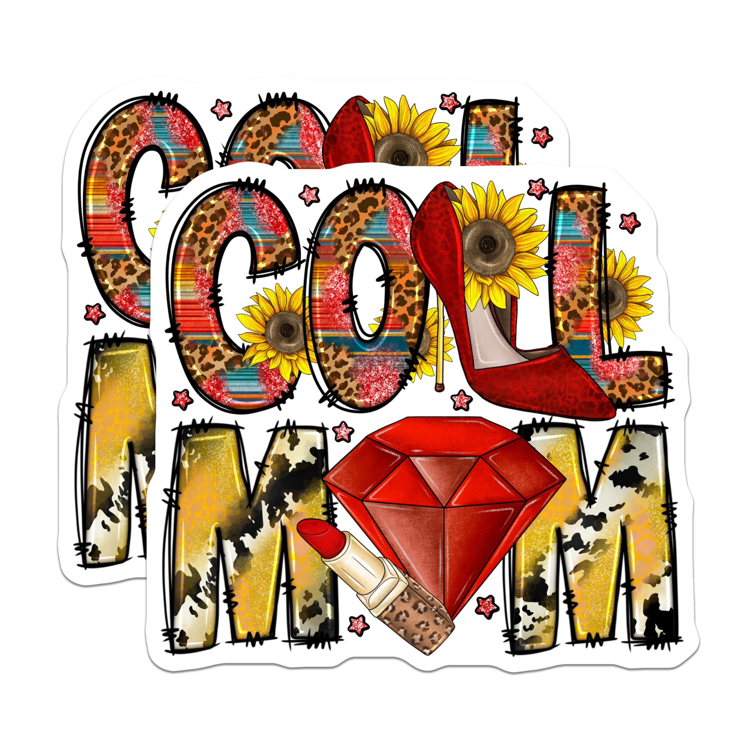 (2 Pack) Cool Mom Magnets - Western Leopard Print Boho - Sassy Mama Fridge Decor - Sunflower Cow Accents - 5 Inches On Longest Side - Thick Durable Magnet - Made in USA - MAG25283