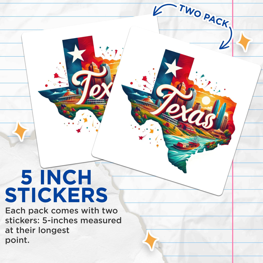 (2 Pack) Texas State Map Stickers - Texas Souvenir Stickers - State Pride Travel Stickers - 5" On Longest Side - Sticks to Smooth Flat Surfaces - Made in USA - BMCS5340