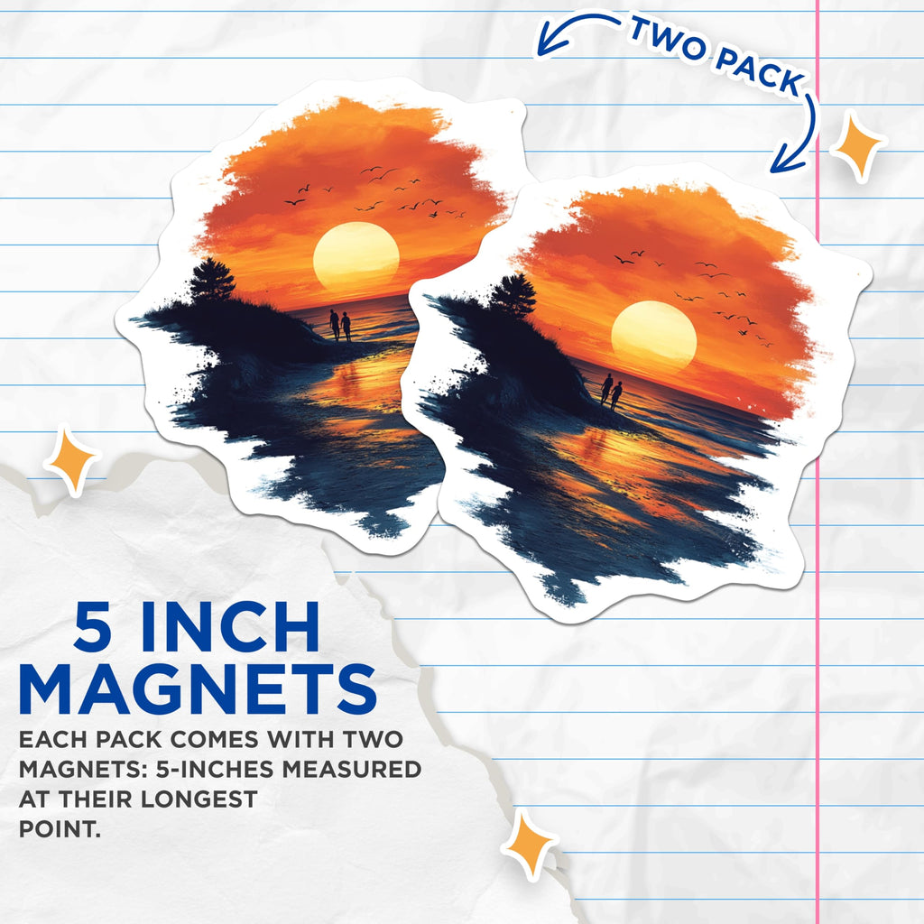 (2 Pack) Sunset Beach Magnets - Couple Silhouette - Coastal Art Decor - 5 Inches On Longest Side - Thick Durable Magnet - Made in USA - MAG24704