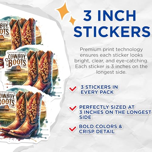 (3 Pack) Cowboy Boots Decals - Country Western - Rustic Farmhouse Decal- 3 Inches On Longest Side - Easy Peel & Apply - Made in USA - 3MCS5588