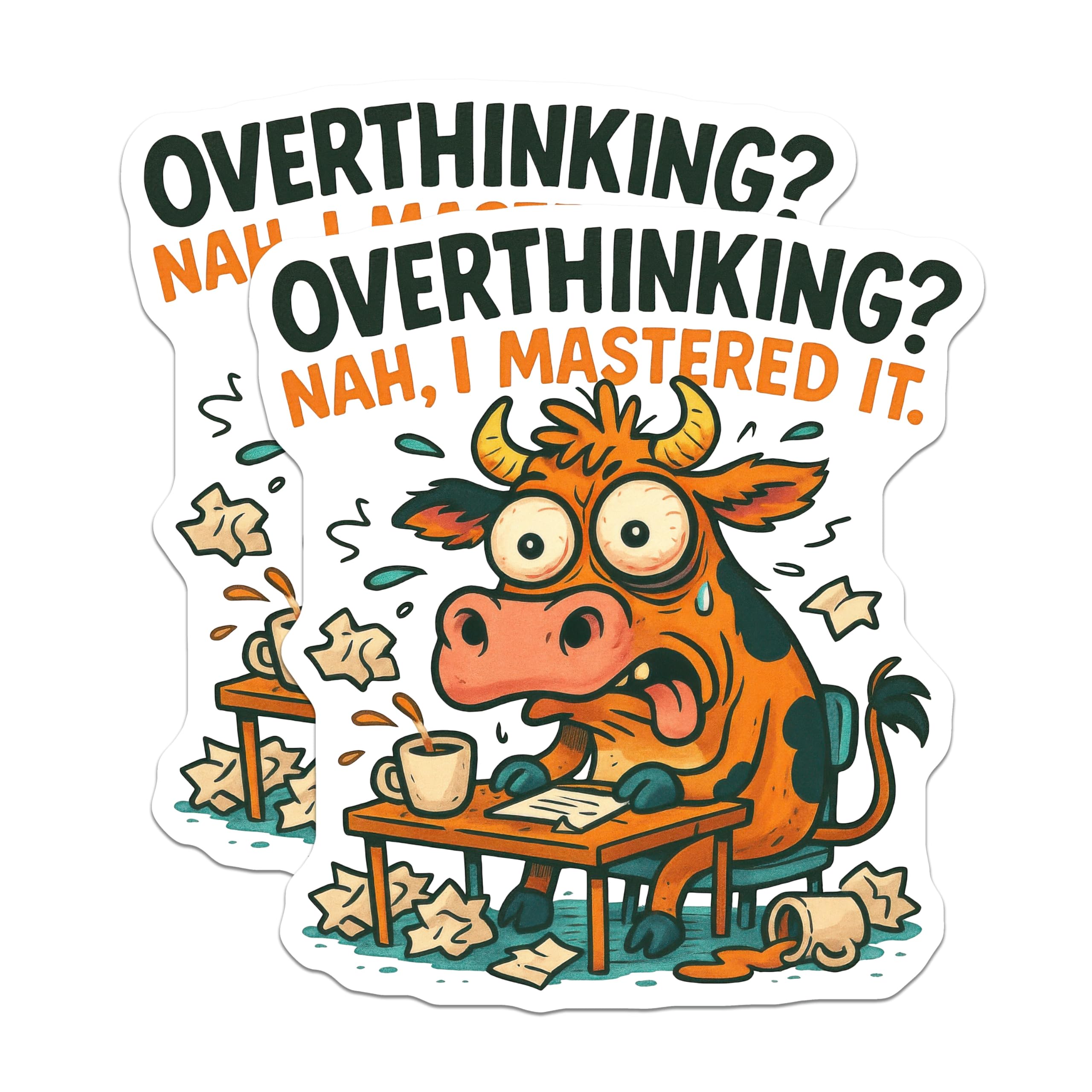 (2 Pack) Overthinking Cow Magnets - Funny Stress Relief Anxiety Humor - Relatable Office Student Desk Decor - 5 Inches On Longest Side - Thick Durable Magnet - Made in USA - MAG20386