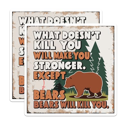 (2 Pack) What Doesn't Kill You Bear Stickers - Funny Bear Quote - Inspirational Wilderness Stickers - 5" On Longest Side - Sticks to Smooth Flat Surfaces - Made in USA - BMCS5747