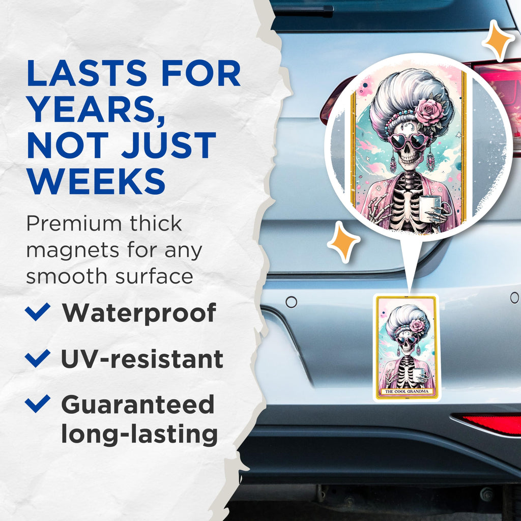 (2 Pack) Cool Grandma Magnets - Skeleton Tarot Card Art - Humorous Granny Home Decor - 5 Inches On Longest Side - Thick Durable Magnet - Made in USA - MAG23660