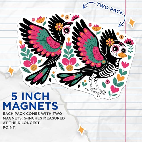(2 Pack) Mexican Folk Art Decor Magnet - Sugar Skull Theme - Dia de Los Muertos Bird Decor - 5" On Longest Side - Sticks to Smooth Flat Surfaces - Made in USA - MAG9455