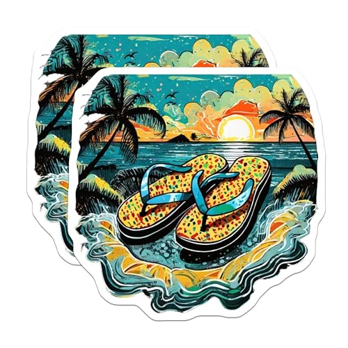 (2 Pack) Tropical Sunset Stickers - Summer Vacation Theme - 5" On Longest Side - Sticks to Smooth Flat Surfaces - Made in USA - BMCS9316 - BMCS9316