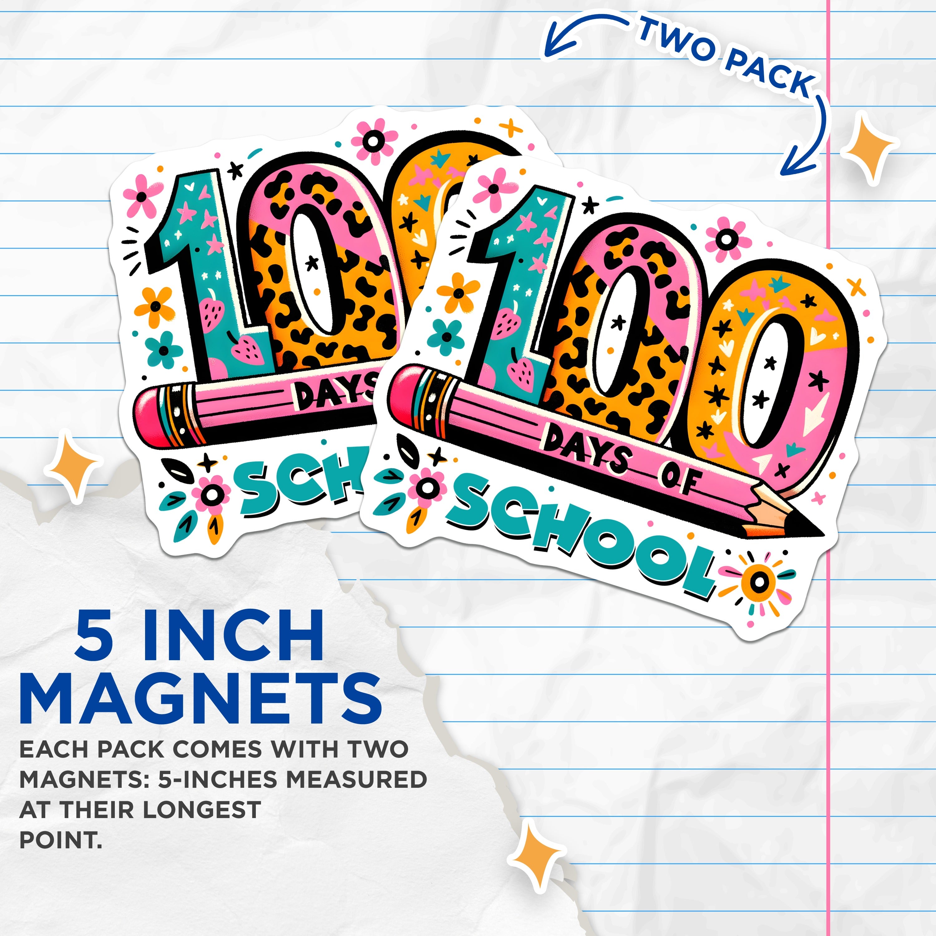 (2 Pack) 100 Days of School Magnets - Teacher Classroom Decor - Student Celebration - Back to School - Academic Milestone - 5 Inches On Longest Side - Thick Durable Magnet - Made in USA - MAG37434