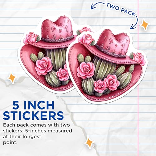 (2 Pack) Cactus Cowgirl Stickers - Western Theme Stickers - Pink Hat Sticker Decals - 5" On Longest Side - Sticks to Any Smooth Flat Surface - Made in USA - BMCS3385