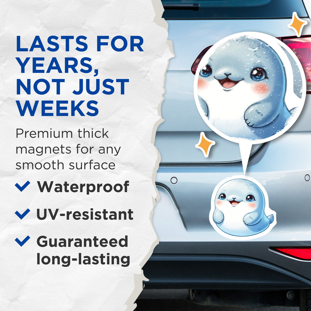 (2 Pack) Cute Baby Seal Magnets - Kawaii Animal Fridge Magnets - Sea Life Locker Decor for Kids - 5 Inches On Longest Side - Thick Durable Magnet - Made in USA - MAG36198