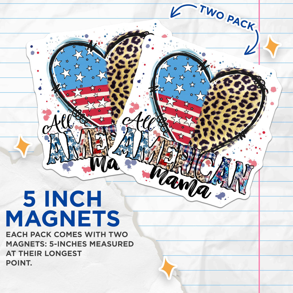 (2 Pack) All American Mama Magnets - Patriotic Heart Leopard Print - USA Mom Decor Fridge Accent - 5 Inches On Longest Side - Thick Durable Magnet - Made in USA - MAG23162