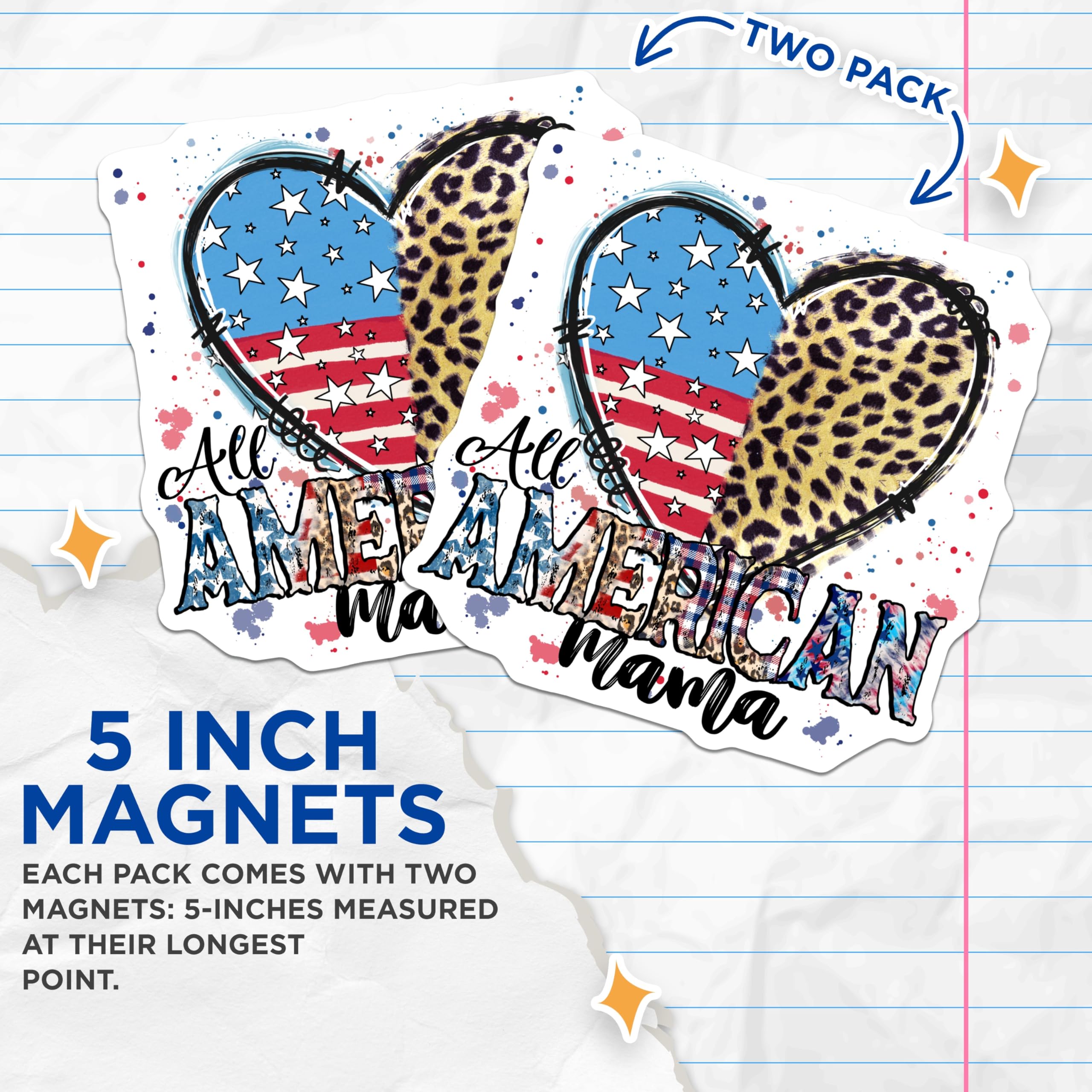 (2 Pack) All American Mama Magnets - Patriotic Heart Leopard Print - USA Mom Decor Fridge Accent - 5 Inches On Longest Side - Thick Durable Magnet - Made in USA - MAG23162