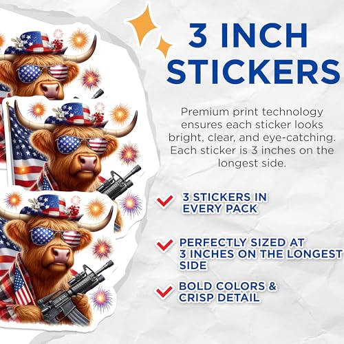 (3 Pack) Patriotic Highland Cow Decals - American Flag - Independence Day Decals- 3 Inches On Longest Side - Easy Peel & Apply - Made in USA - 3MCS5126