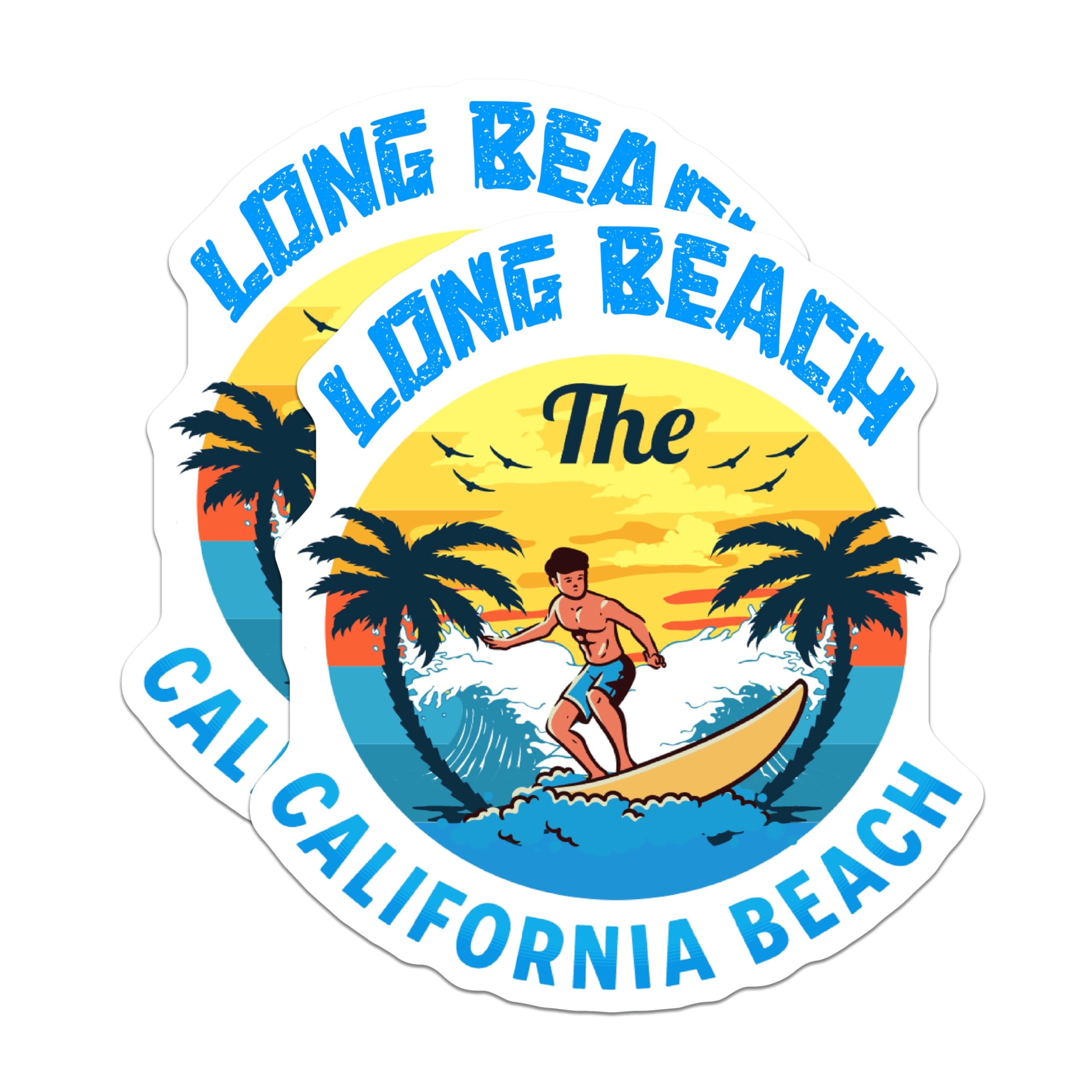 (2 Pack) Long Beach California Magnets - Surfer Beach Scene - Coastal Refrigerator Magnets - 5" On Longest Side - Premium Magnet - for Cars, Refrigerators, Toolboxes, Lockers - Made in USA - MAG17775